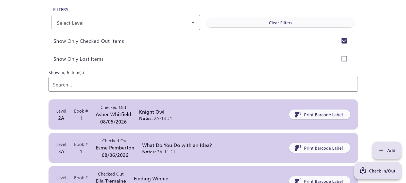 Center inventory filtered to checked-out items, listing library books by level and book number with who has each one and when it went out.
