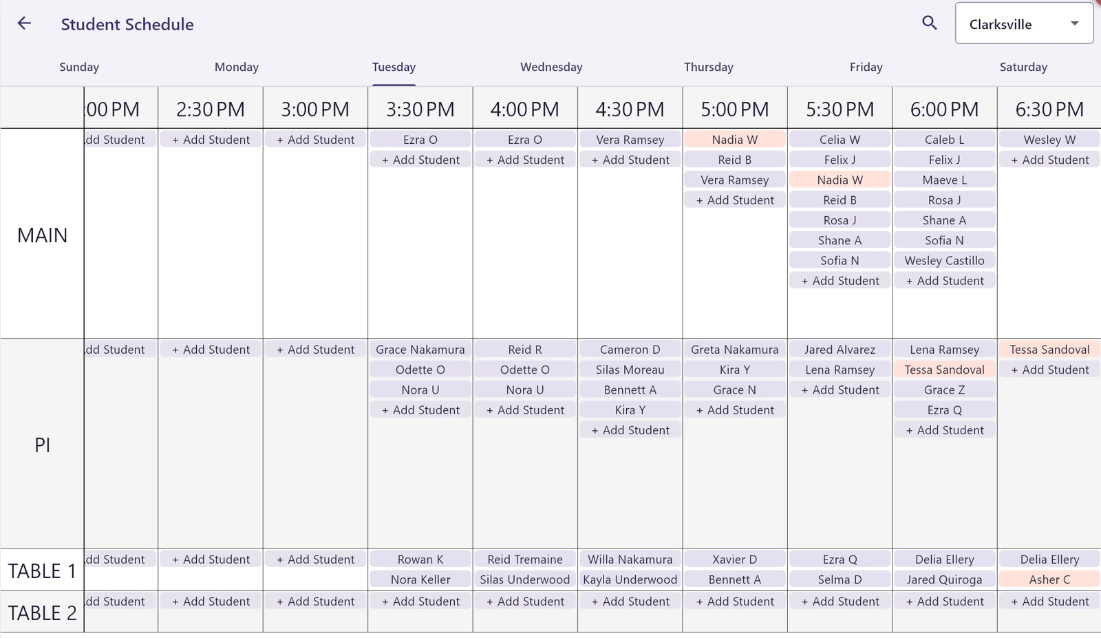 The weekly schedule grid, with students placed into half-hour slots across MAIN, PI and table sections, and empty slots offering to add a student.